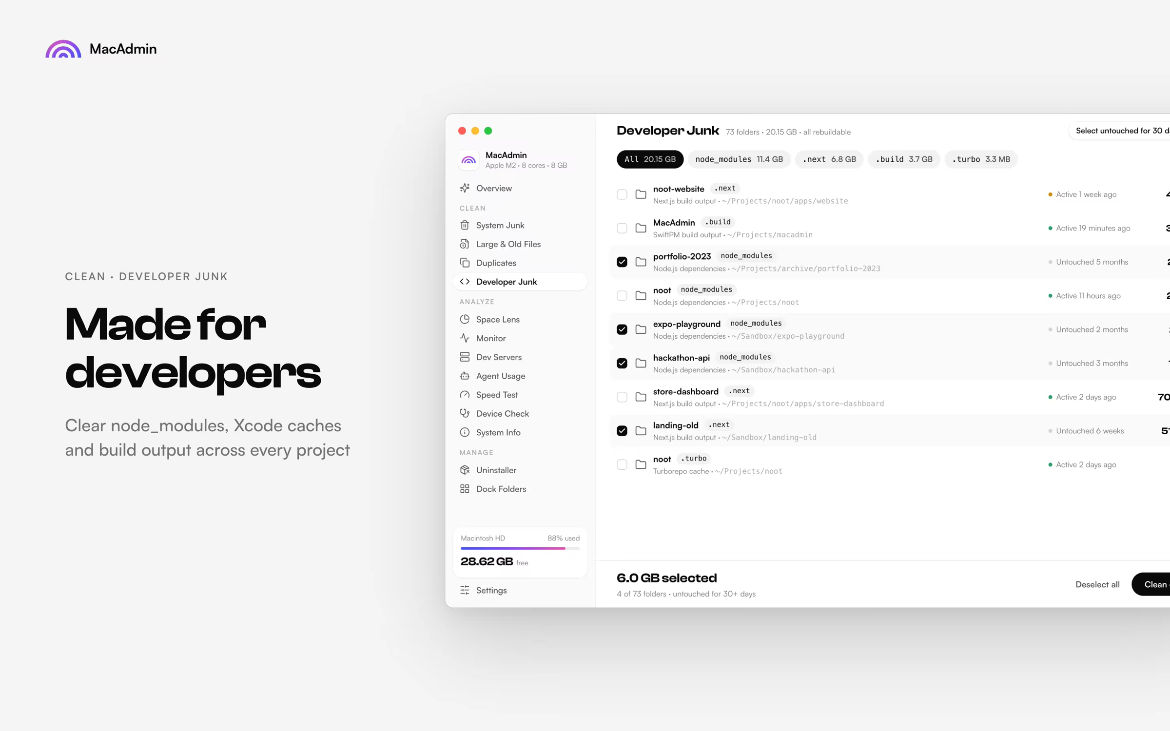 Developer Junk: Made for developers. node_modules, Xcode caches and build output across every project.
