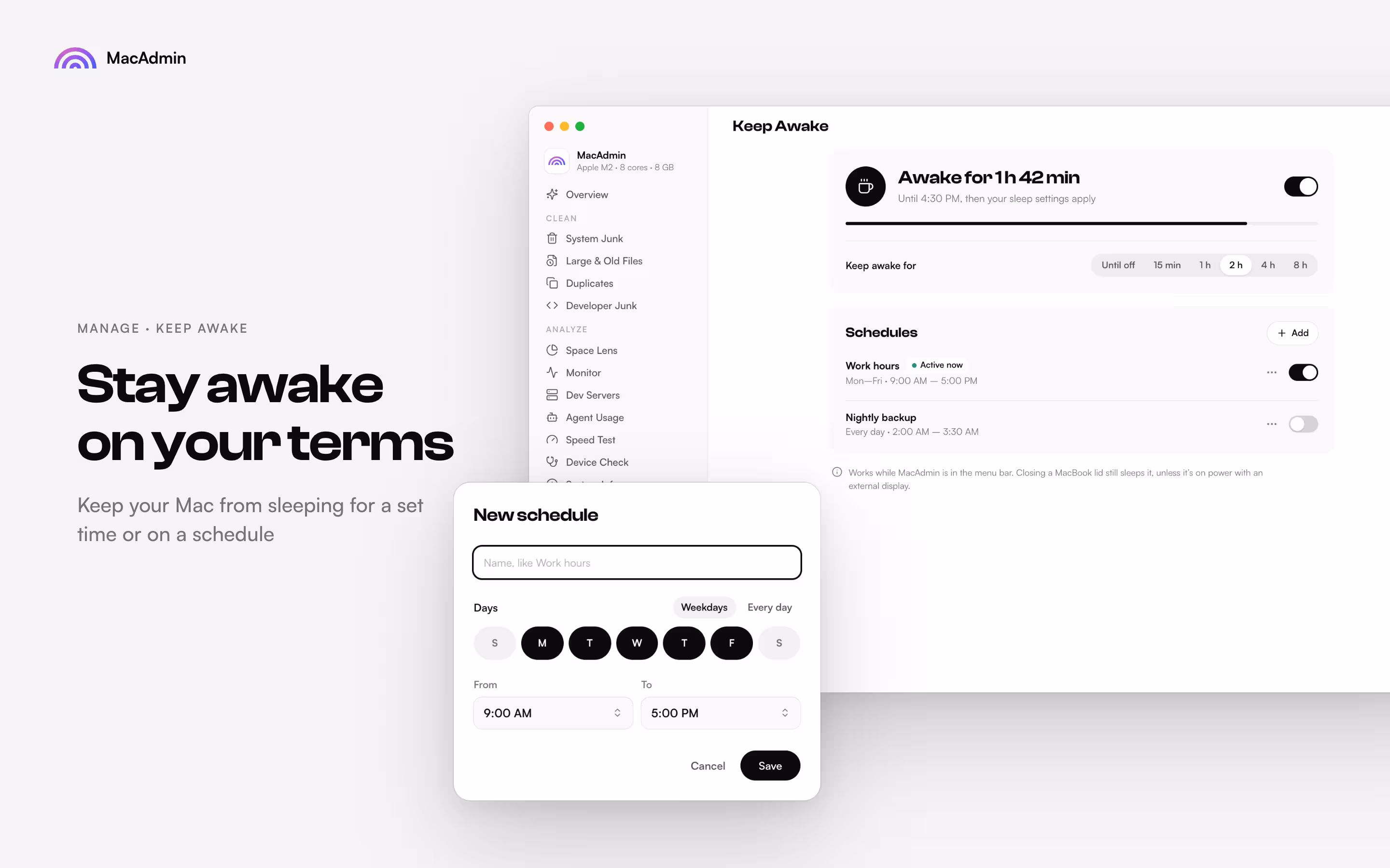Keep Awake: Stay awake on your terms. A timer with a live countdown and a New schedule sheet for days and times.