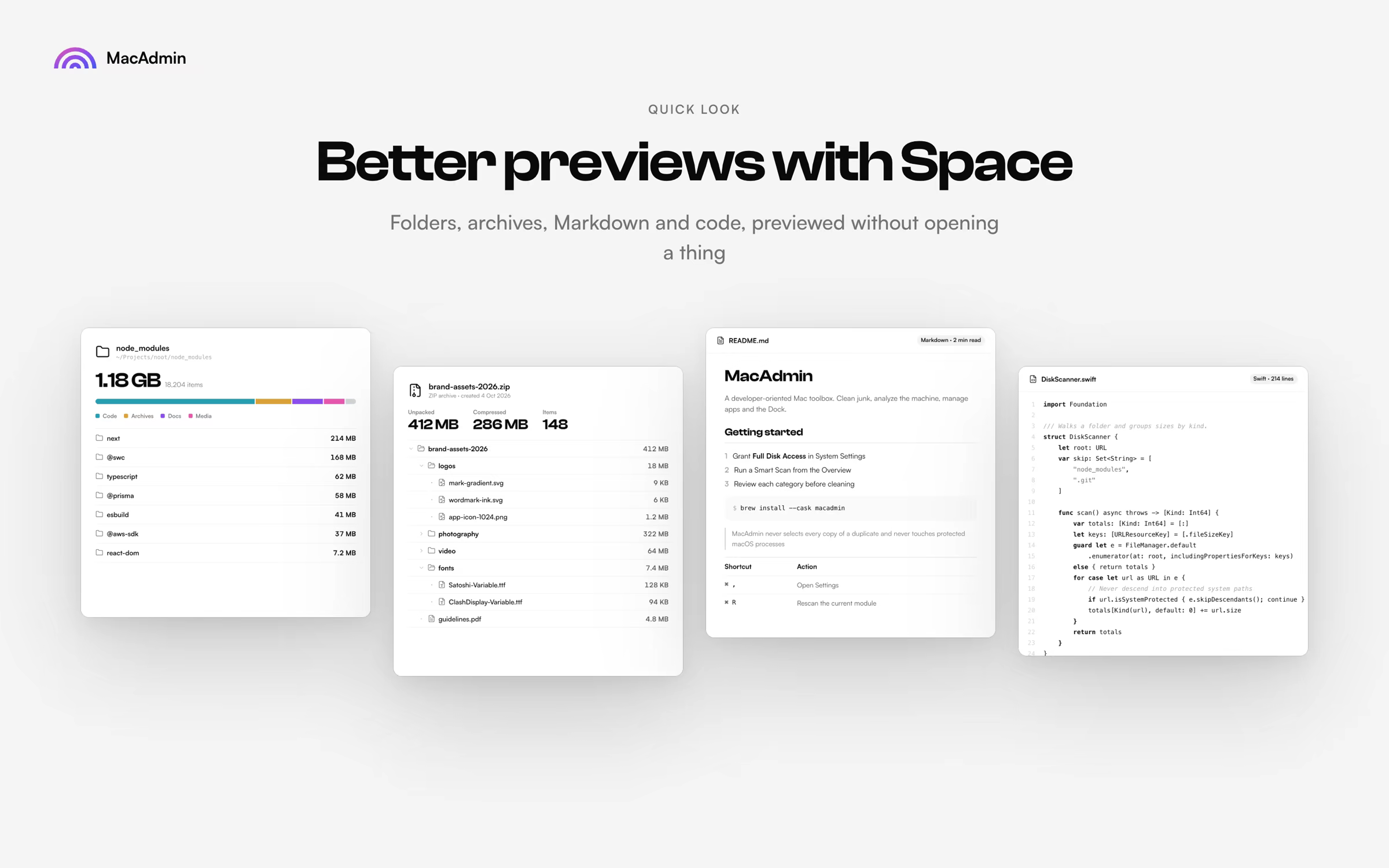 Quick Look: Better previews with Space. Previews of a folder, a zip archive, a README and a Swift file.