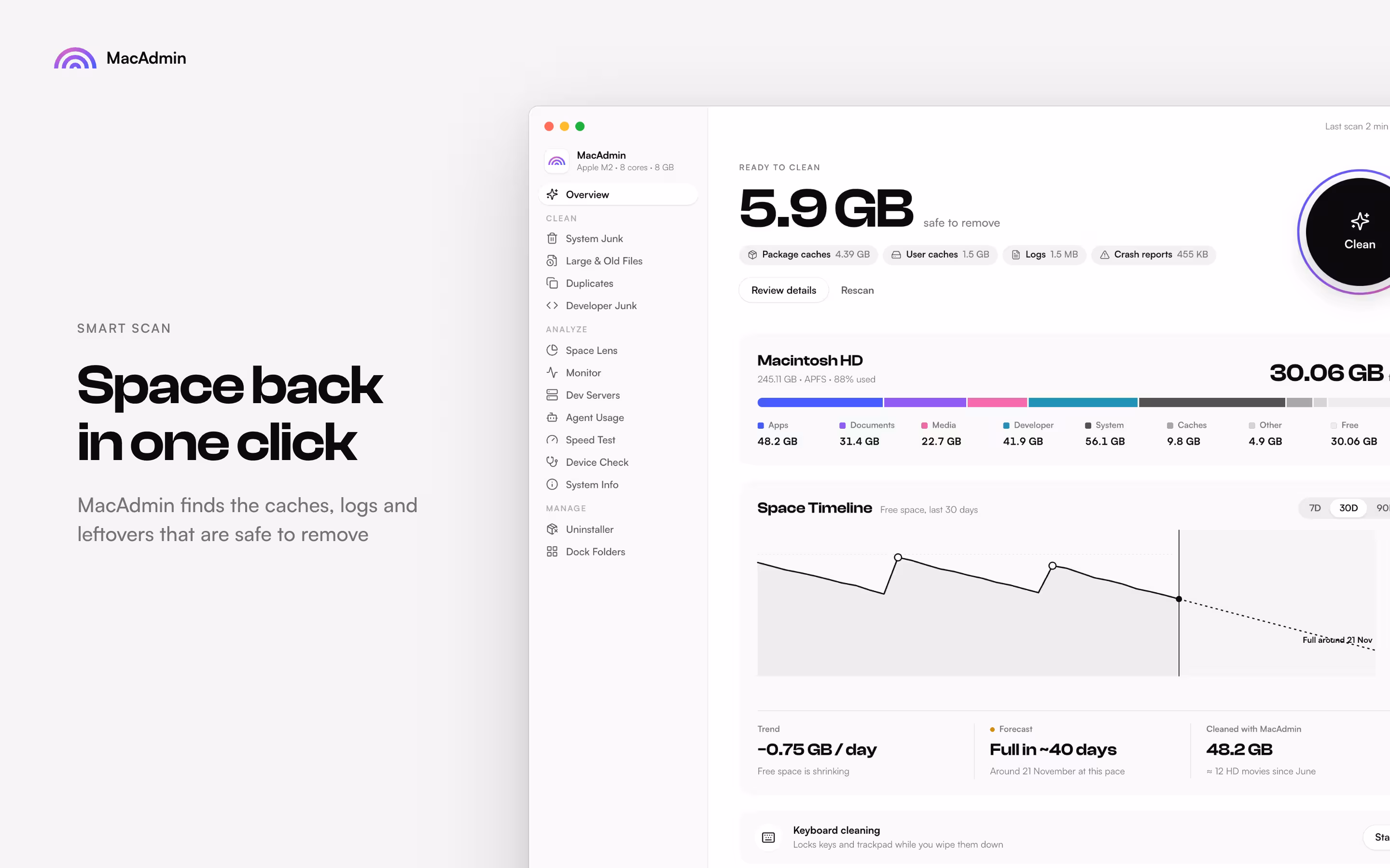 Smart Scan: Space back in one click. 5.9 GB ready to clean, with a disk breakdown and a 30-day space timeline.