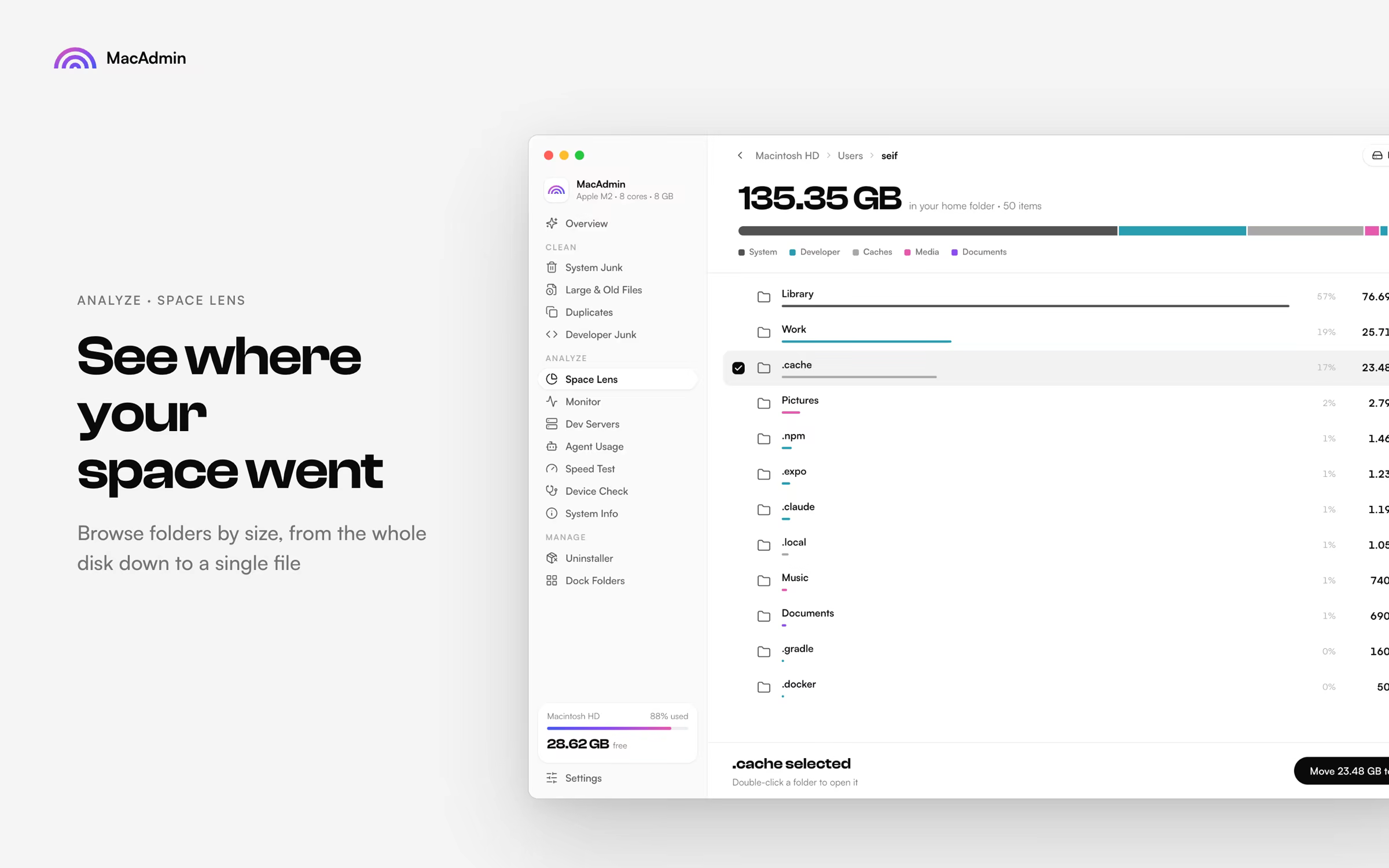 Space Lens: See where your space went. Folders sorted by size, from the whole disk down to a single file.