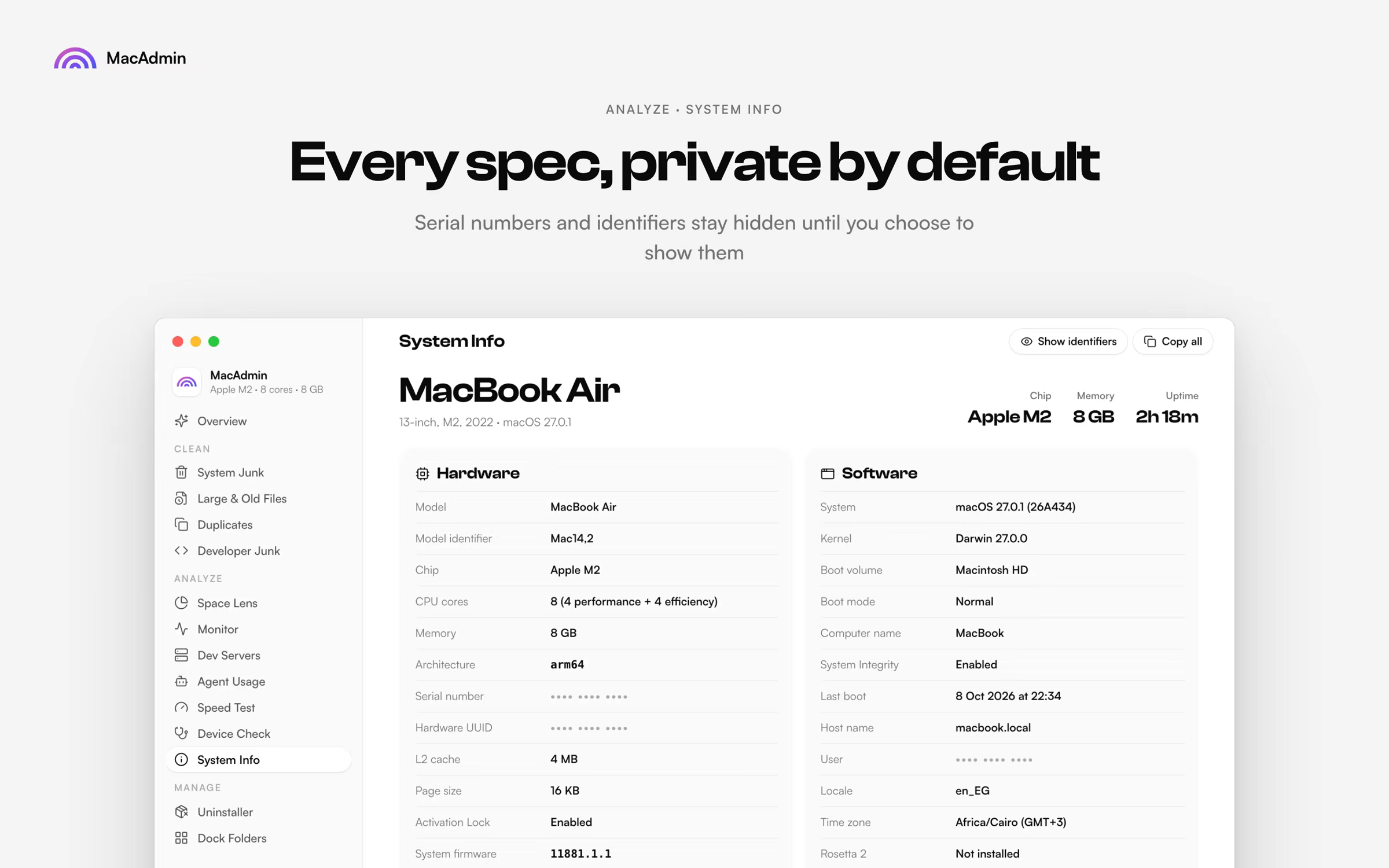 System Info: Every spec, private by default. Hardware and software details with identifiers hidden.